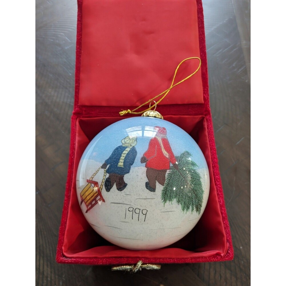 VTG 1999 Ornament LI BIEN glass Christmas Tree Snowman Sled Kids 4" red box